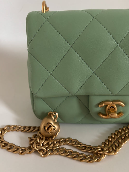 Chanel 2023 Mint Green Quilted Lambskin Mini Pearl Crush Flap Bag