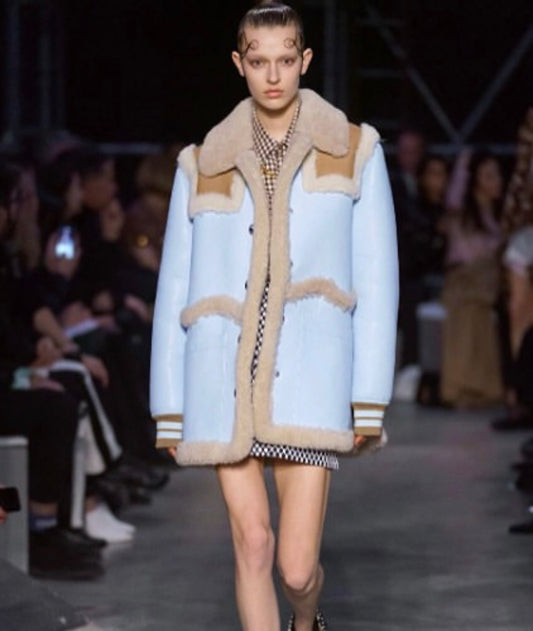 FW2019 Blue Leather and Shearling Coat