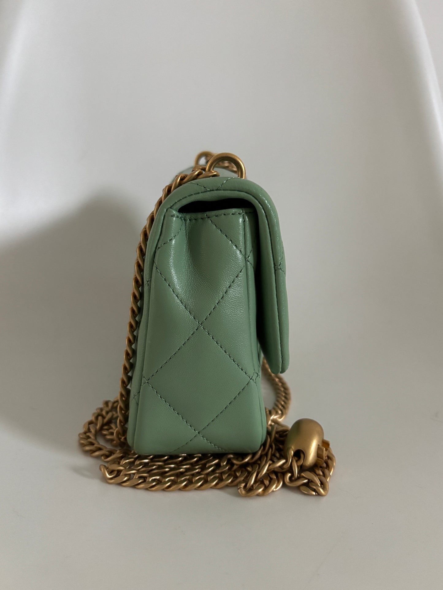 Chanel 2023 Mint Green Quilted Lambskin Mini Pearl Crush Flap Bag