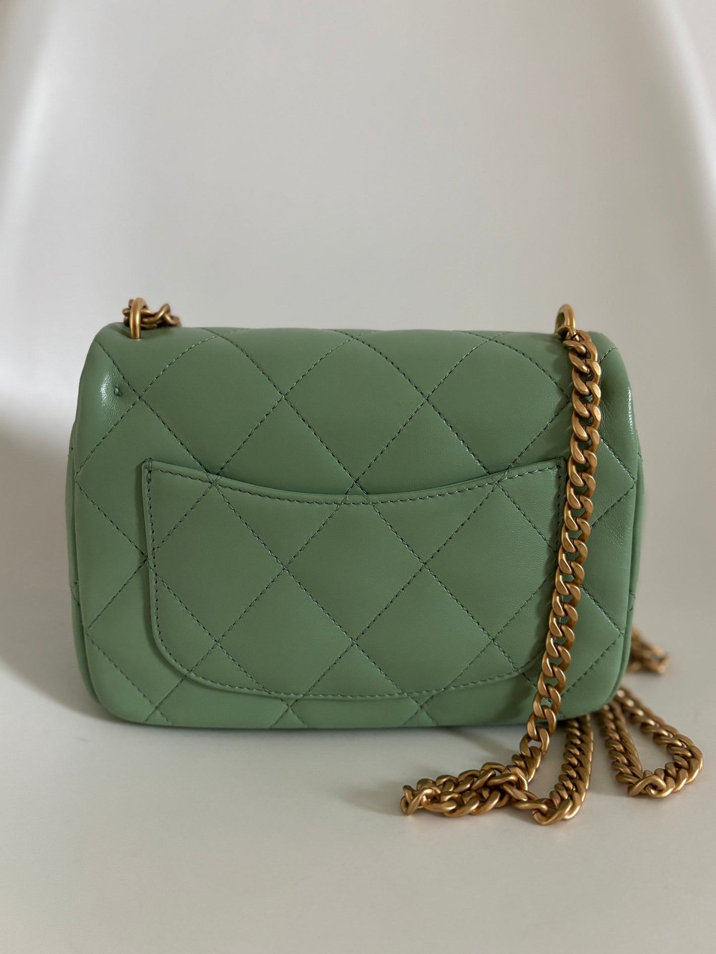 Chanel 2023 Mint Green Quilted Lambskin Mini Pearl Crush Flap Bag