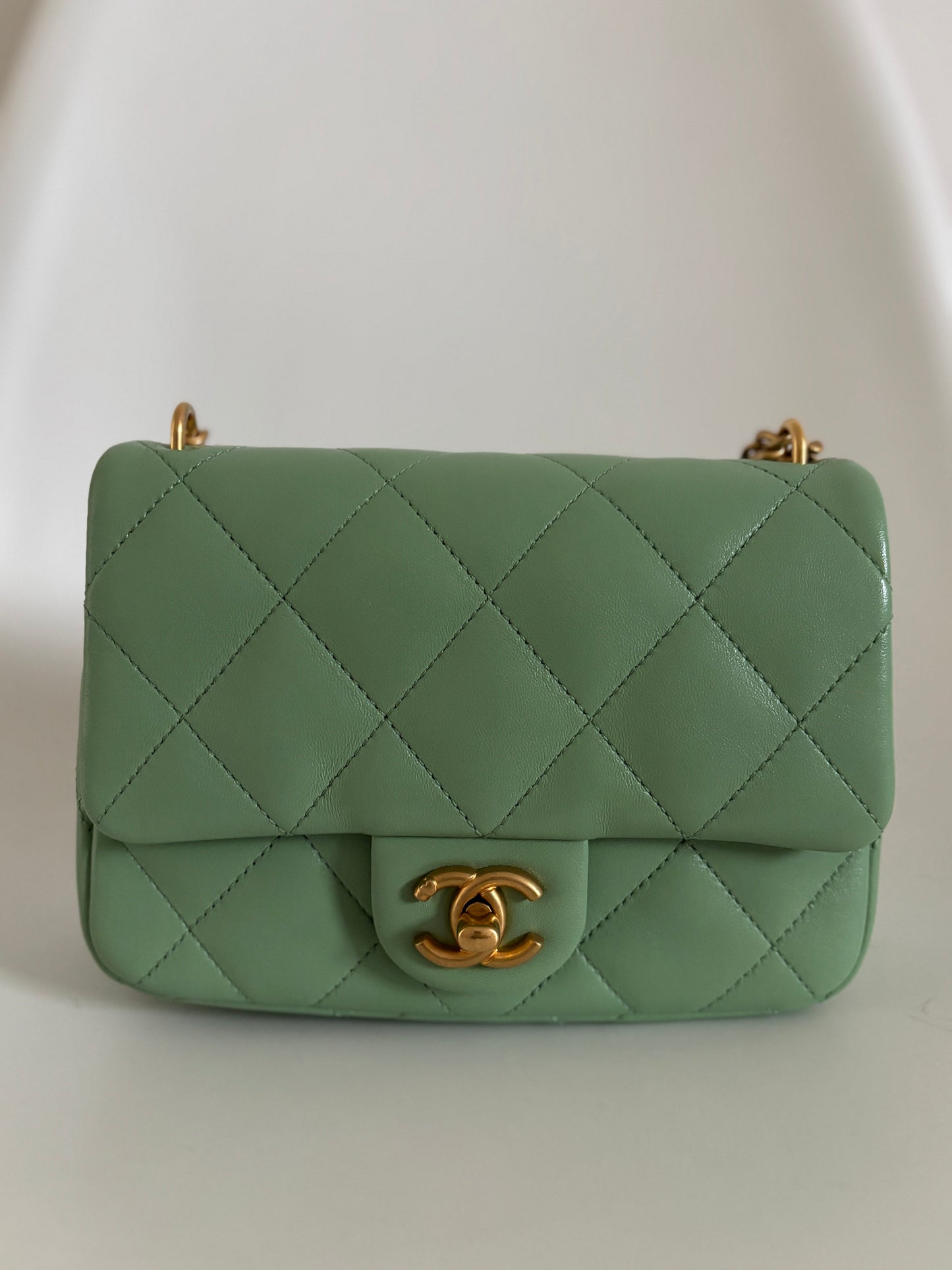 Chanel 2023 Mint Green Quilted Lambskin Mini Pearl Crush Flap Bag