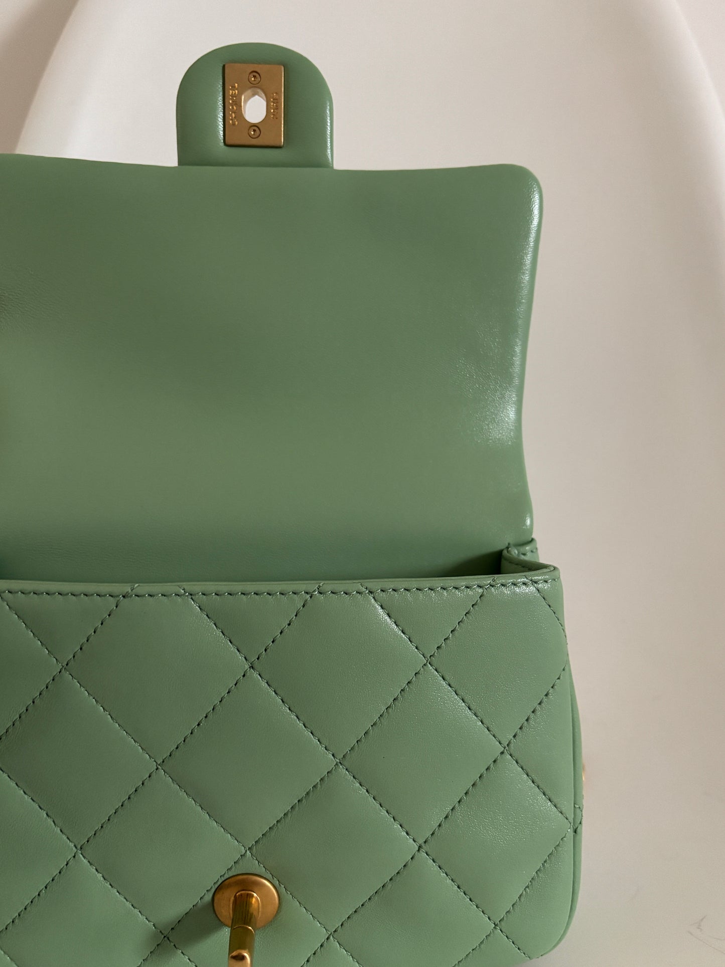 Chanel 2023 Mint Green Quilted Lambskin Mini Pearl Crush Flap Bag