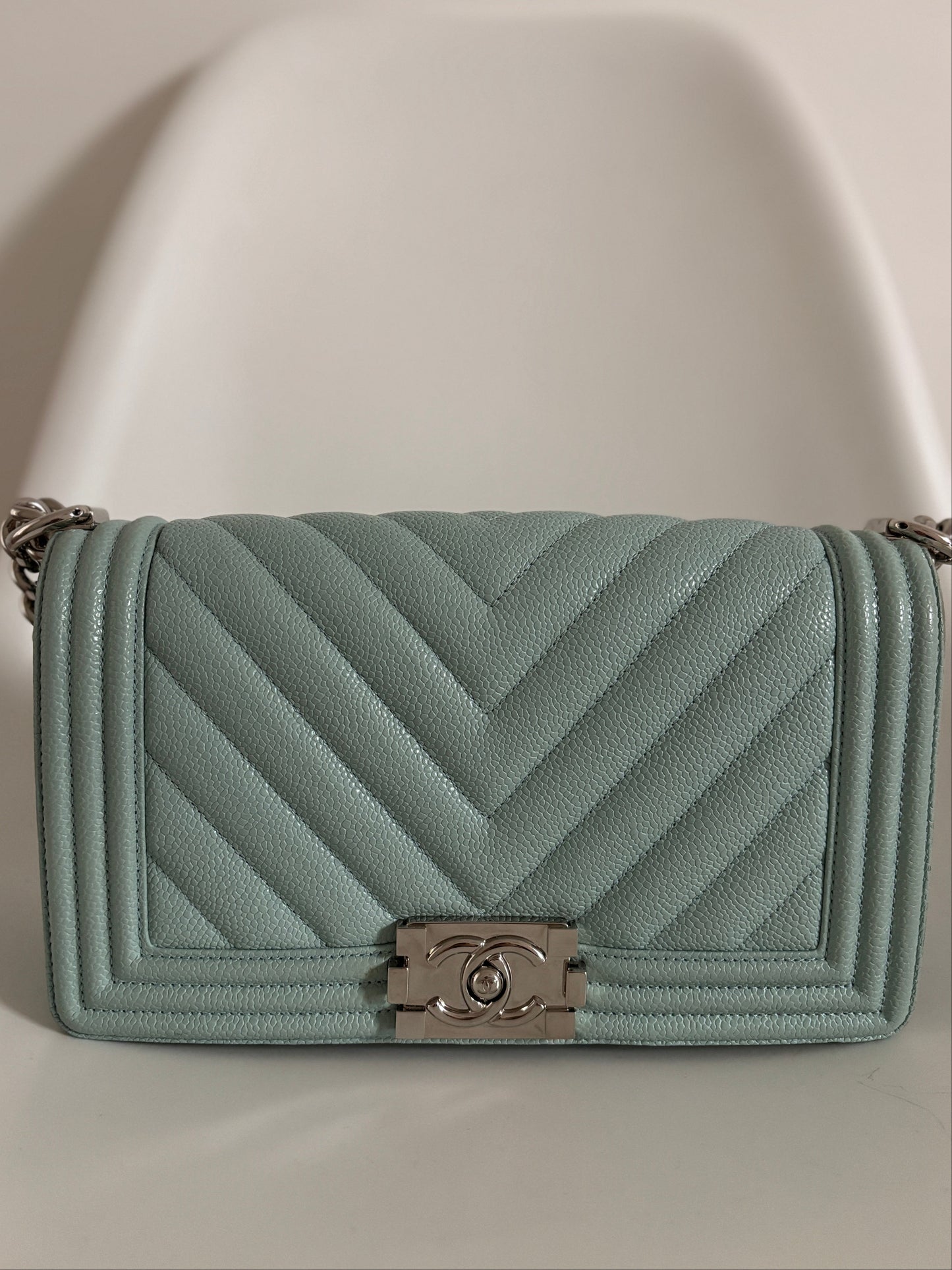 Chanel Light Blue 2019 Caviar Chevron Quilted Medium Boy Flap Bag
