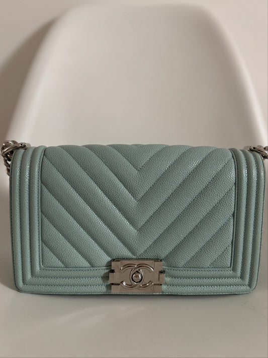 Chanel Light Blue 2019 Caviar Chevron Quilted Medium Boy Flap Bag