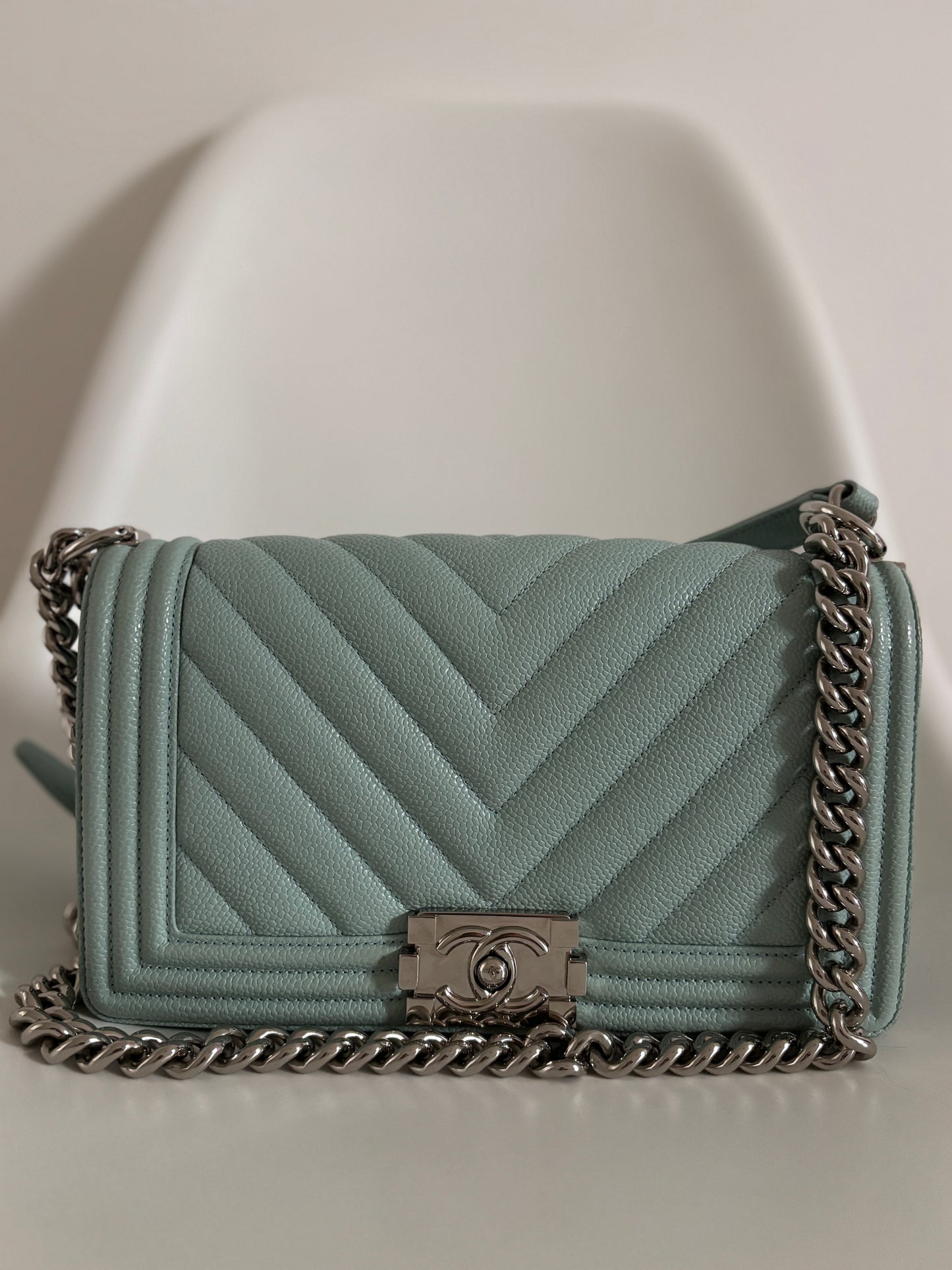 Chanel Light Blue 2019 Caviar Chevron Quilted Medium Boy Flap Bag