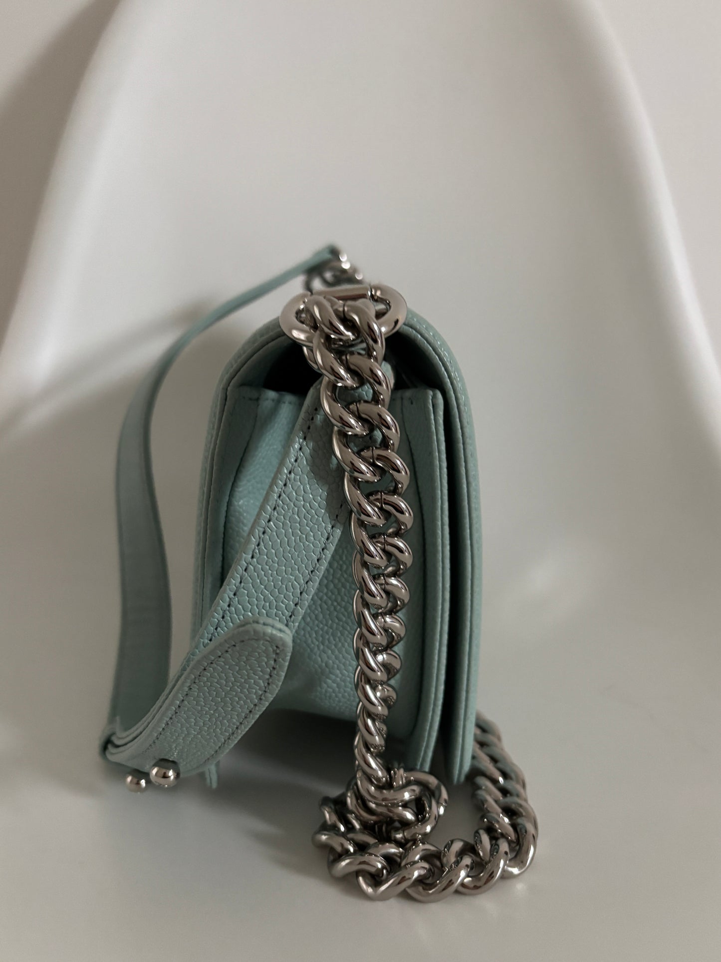 Chanel Light Blue 2019 Caviar Chevron Quilted Medium Boy Flap Bag