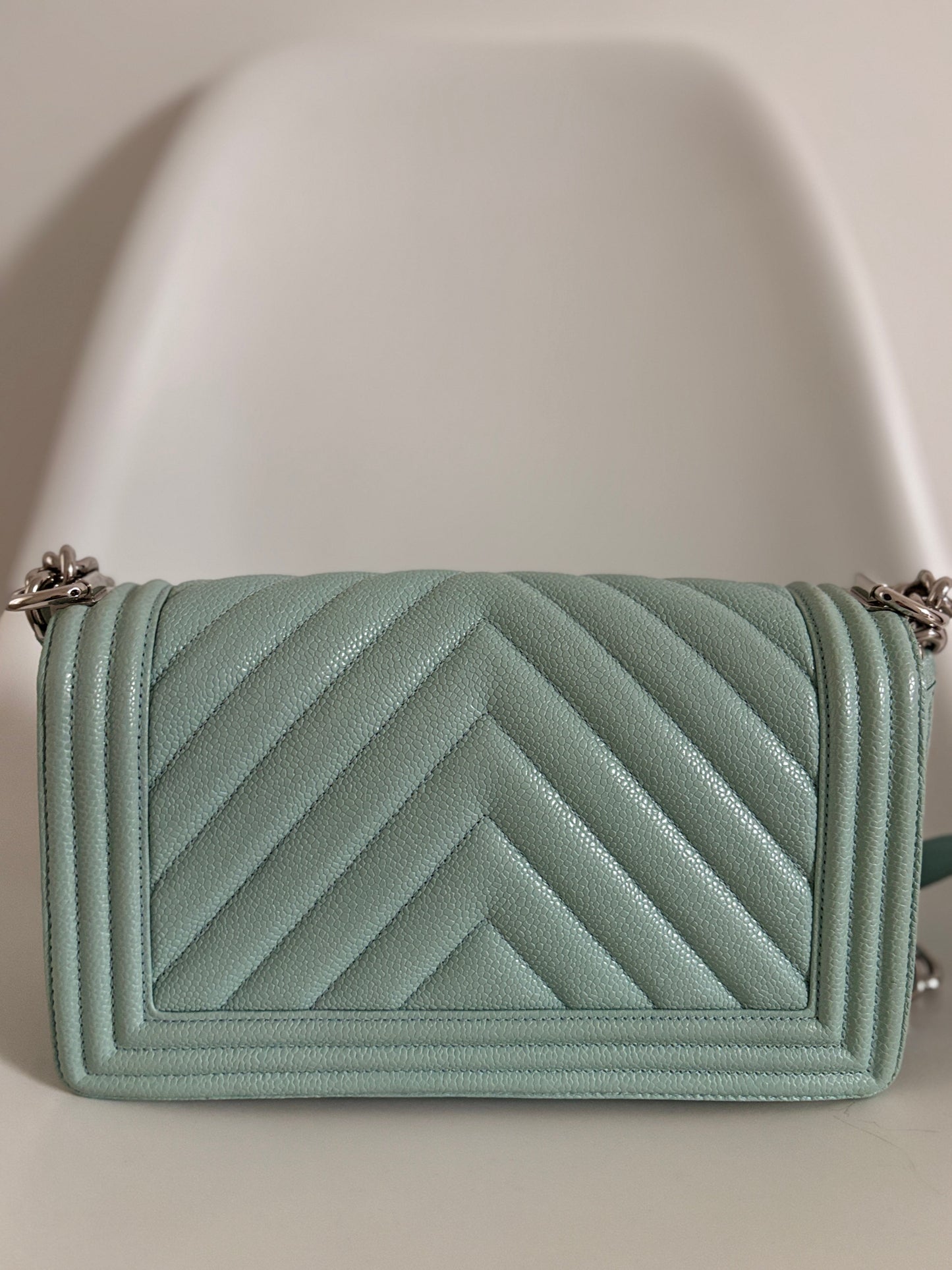 Chanel Light Blue 2019 Caviar Chevron Quilted Medium Boy Flap Bag