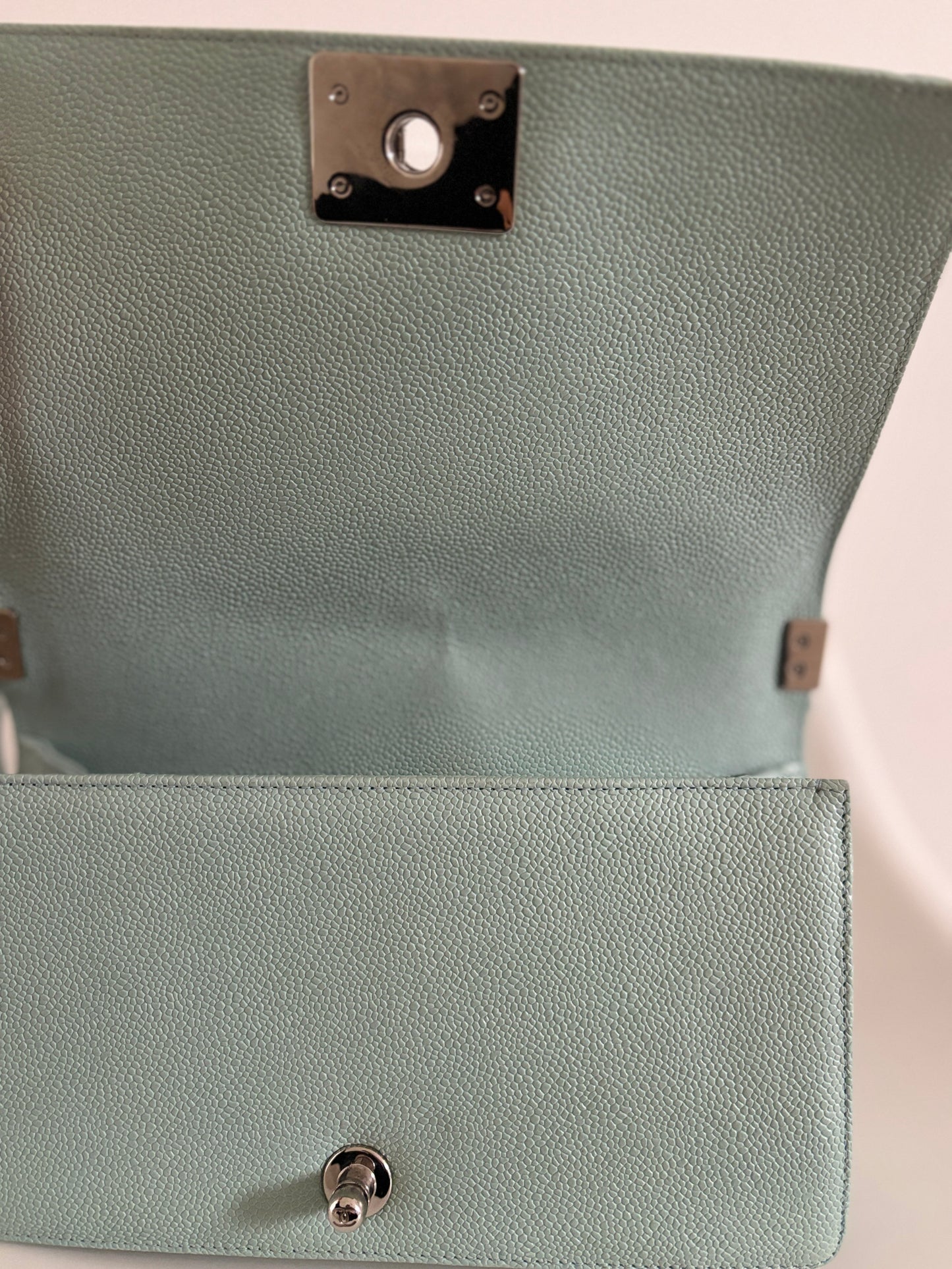 Chanel Light Blue 2019 Caviar Chevron Quilted Medium Boy Flap Bag