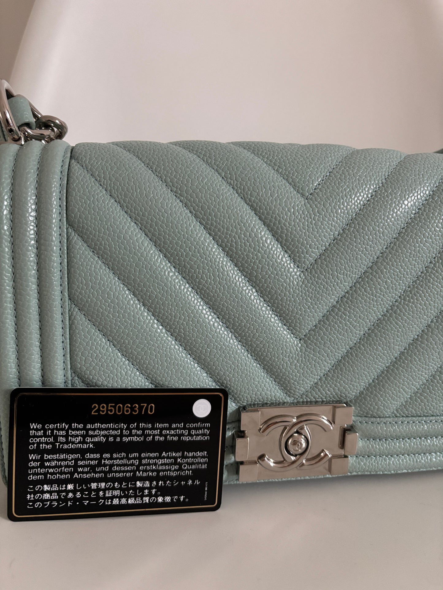 Chanel Light Blue 2019 Caviar Chevron Quilted Medium Boy Flap Bag