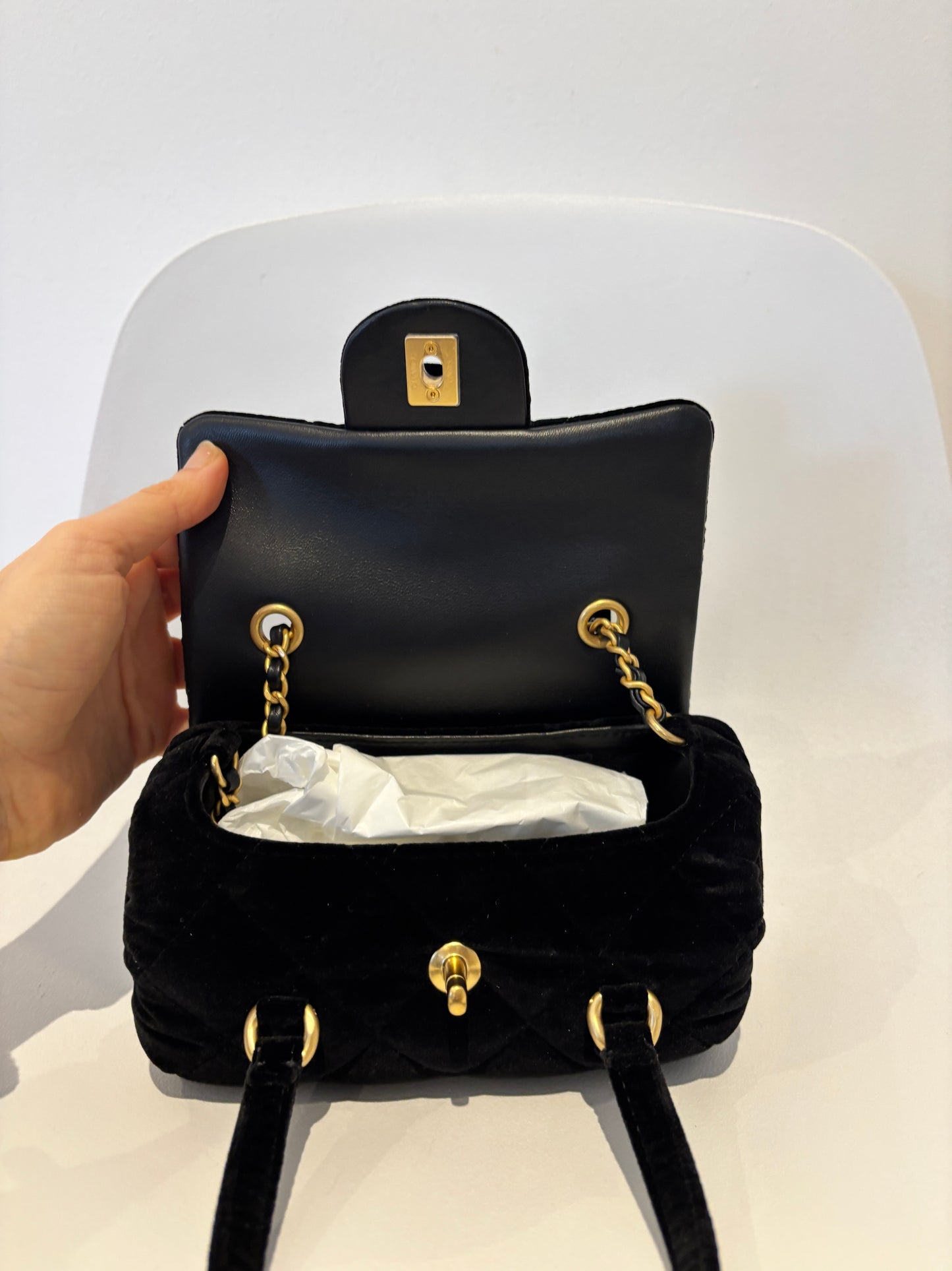 Chanel 2024 Velvet Mini Boston Barrel Bag with Chain