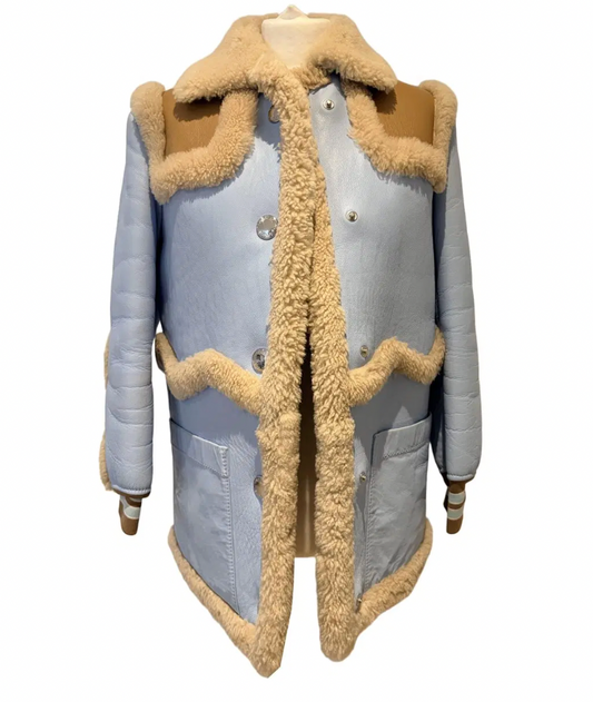 FW2019 Blue Leather and Shearling Coat