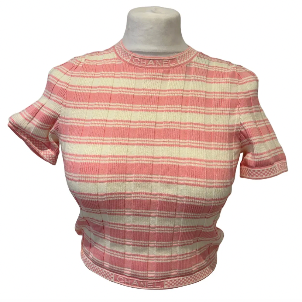 Chanel 2023 Striped Cropped T Shirt with open back